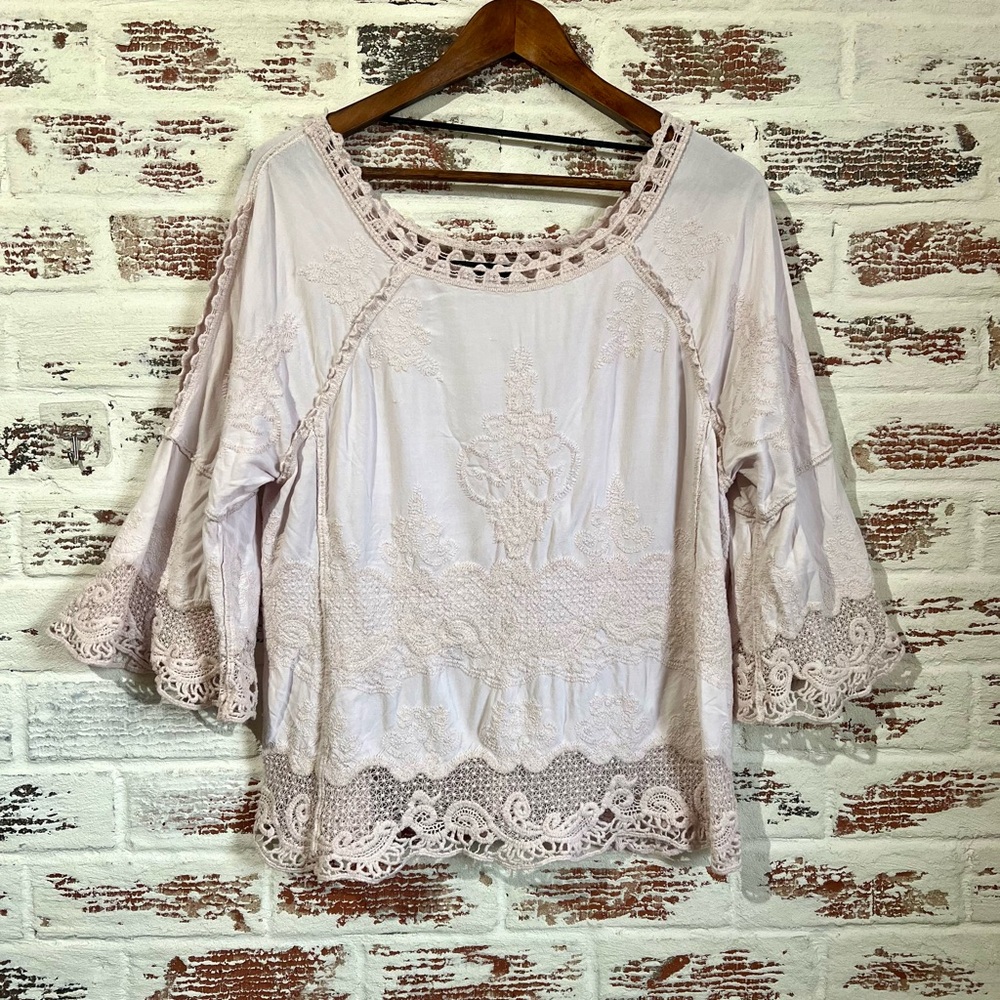 Spiaggia Dolce Blouse Embroidered Lace Ivory Neutral Bell Sleeve Boho Beachy M